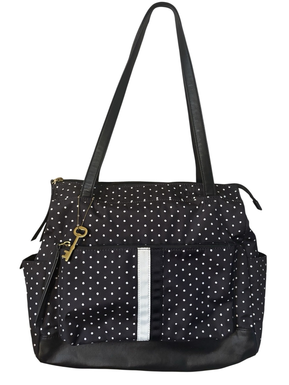 Fossil Jenna Shopper Tote Black & White Polka Dot Nylon with Gold Key Charm